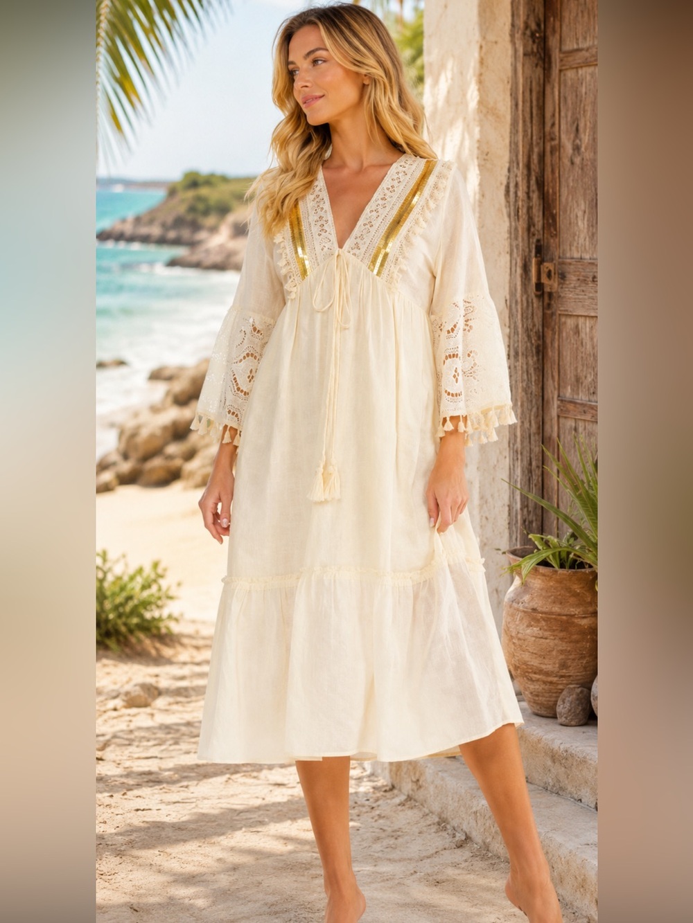 Boho womans Ivory Lace-Trim Midi Dress with Tassels size S-M-L
